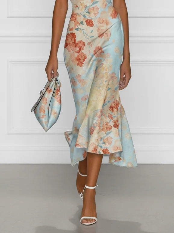 Victoire | Robe Midi Sirène Épaules Dénudées à Imprimé Floral Bleu
