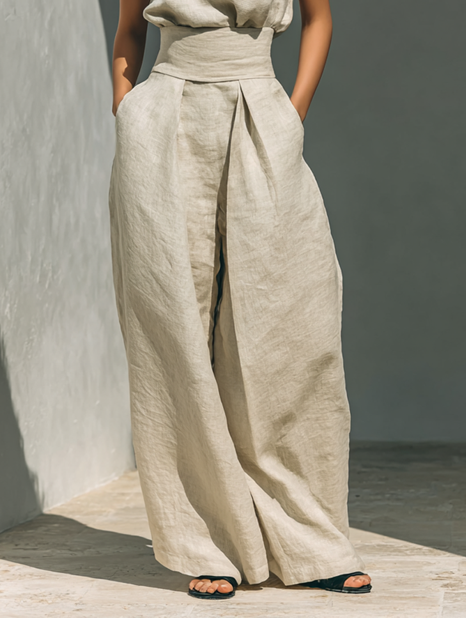 Adeline | Ensemble Beige Décontracté Blouse Sans Manches et Pantalon Large
