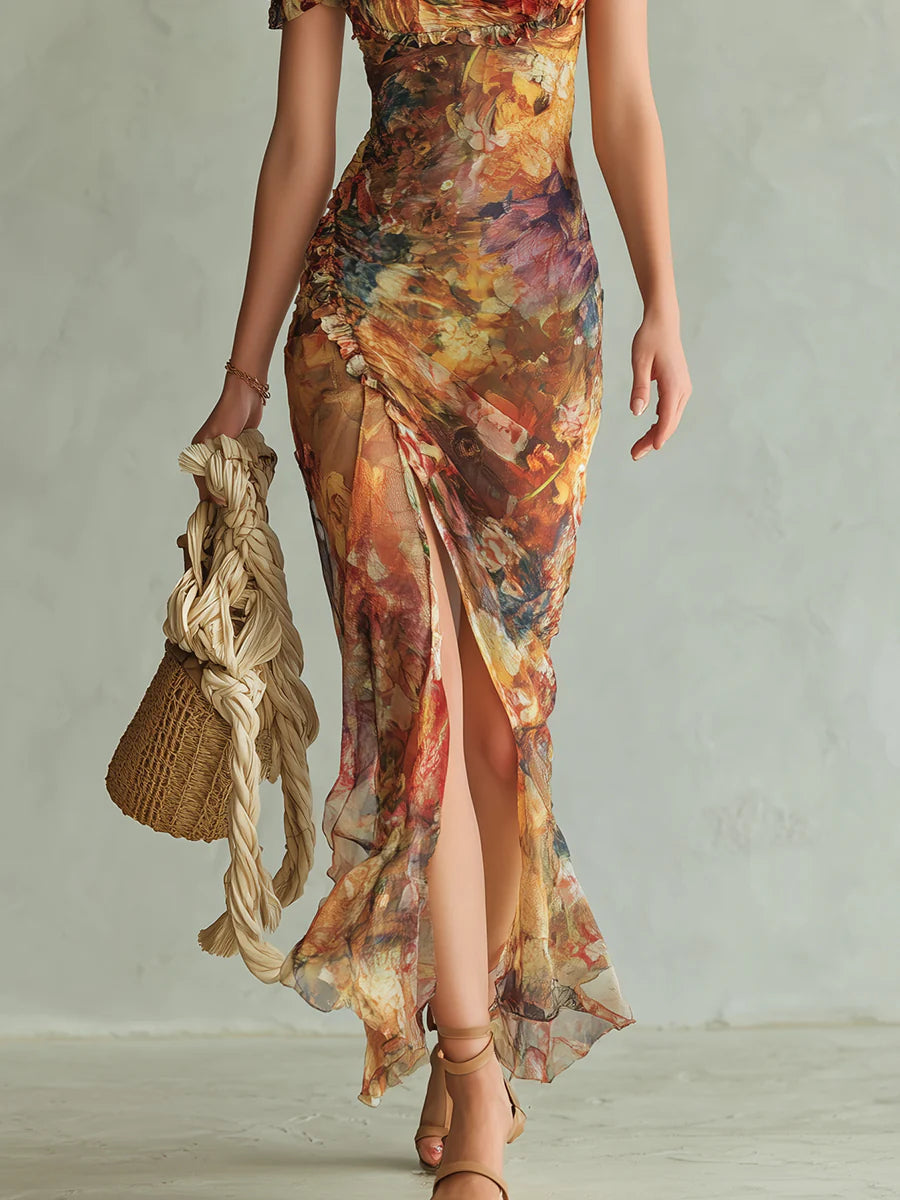 Olivia | Robe Longue en Mousseline Orange à Imprimé Peinture Bohème