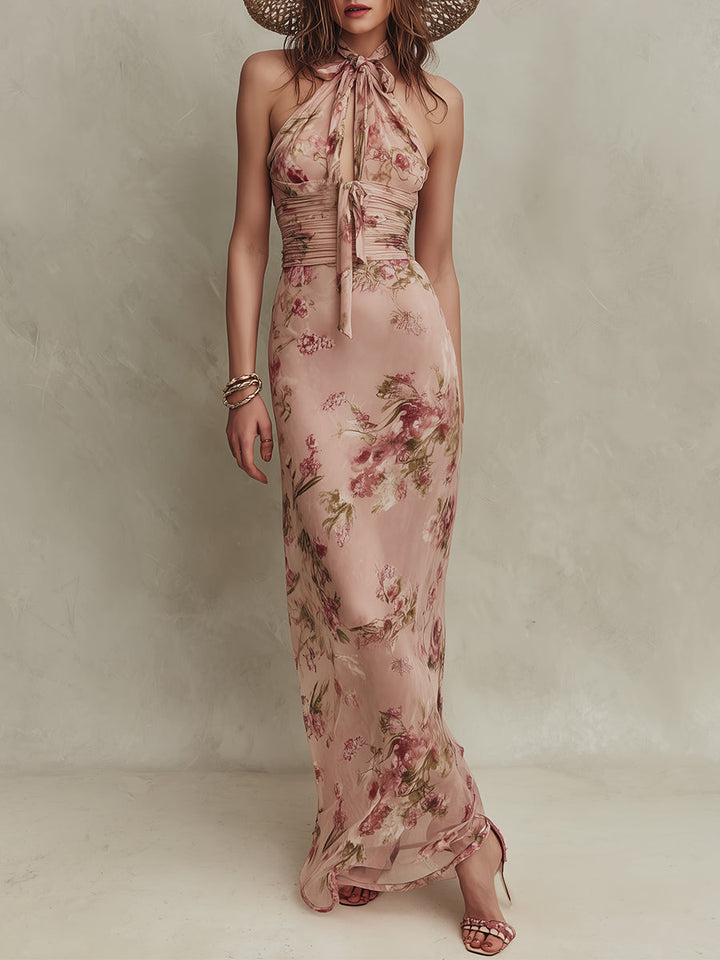 Lucie | Robe Longue en Mousseline à Imprimé Floral et Encolure Goutte d'Eau