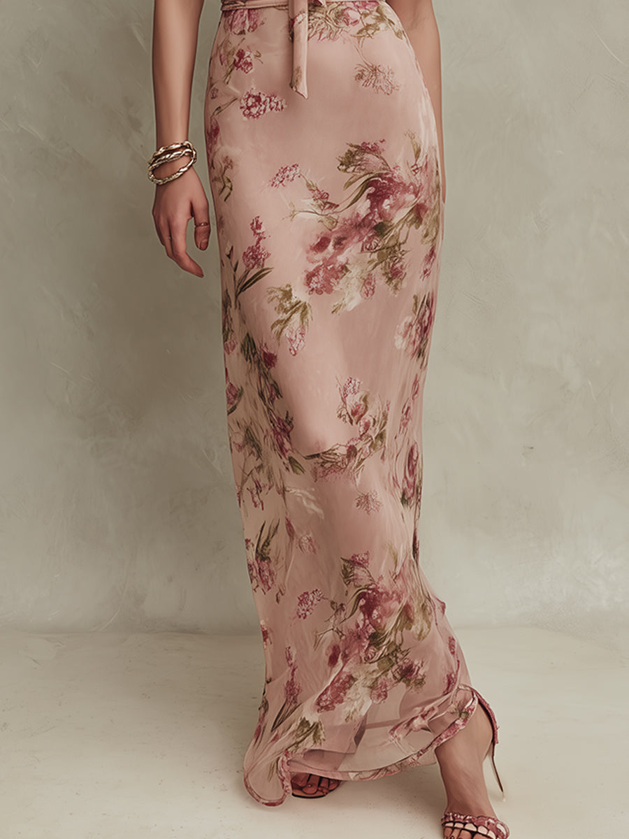 Lucie | Robe Longue en Mousseline à Imprimé Floral et Encolure Goutte d'Eau