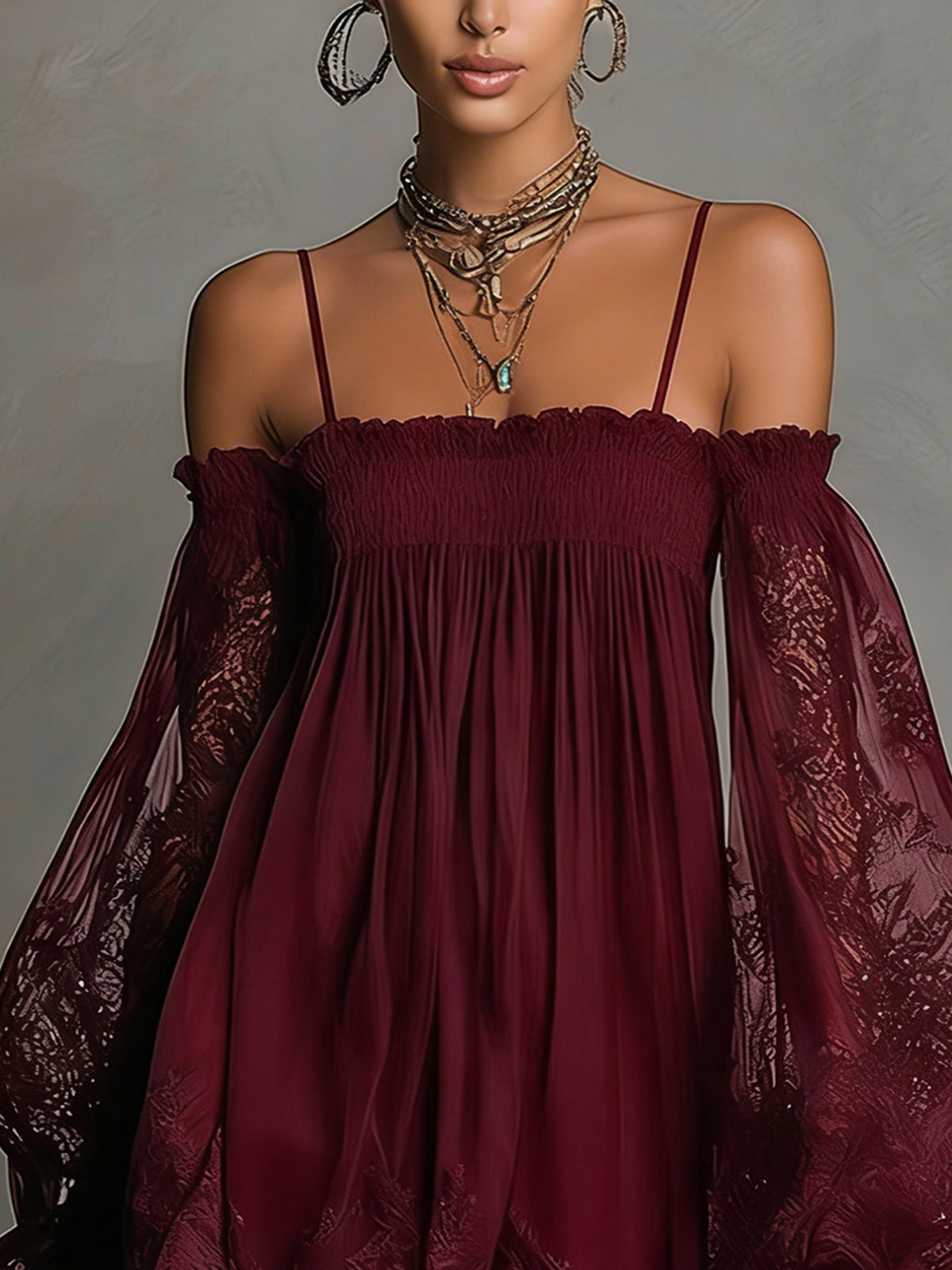 Noëlle | Robe Courte en Mousseline Bleu Marine à Dentelle et Épaules Dénudées