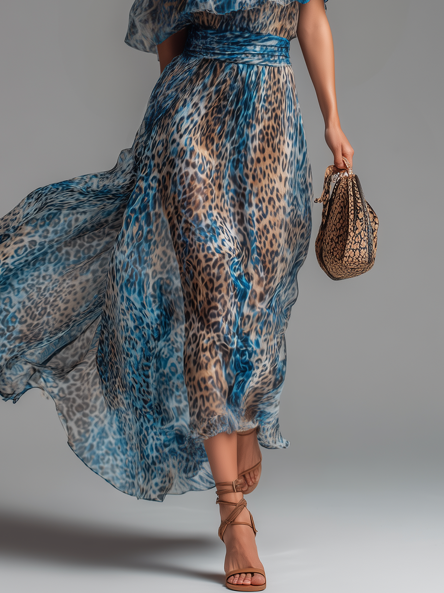 Sauvage | Robe Longue en Mousseline à Imprimé Léopard et Épaules Dénudées