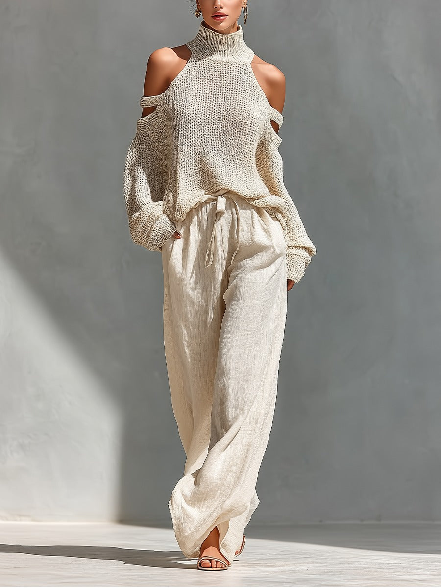 Capucine | Ensemble en Maille Beige à Épaules Dénudées et Pantalon Large