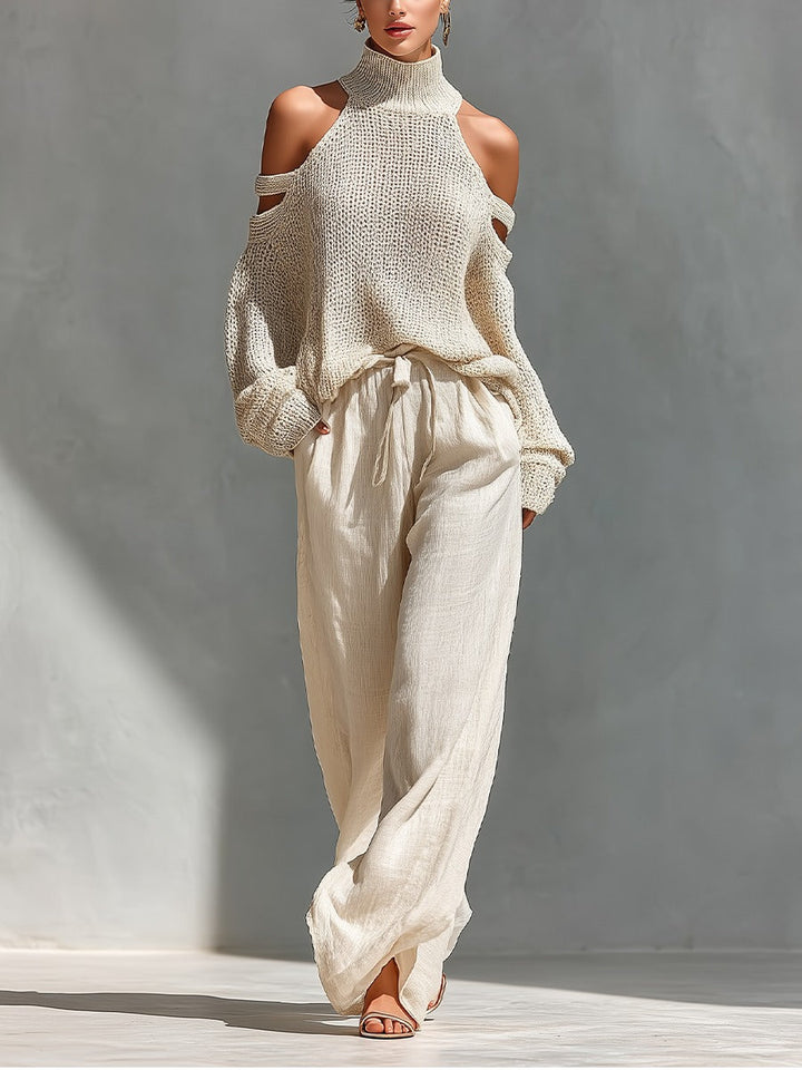 Capucine | Ensemble en Maille Beige à Épaules Dénudées et Pantalon Large