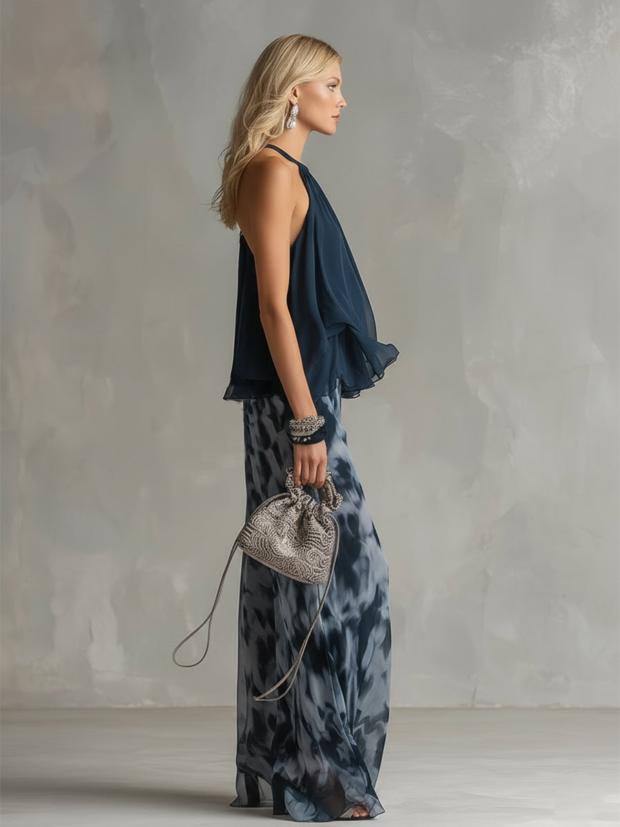 Françoise | Ensemble Haut Col Montant et Pantalon Large Imprimé