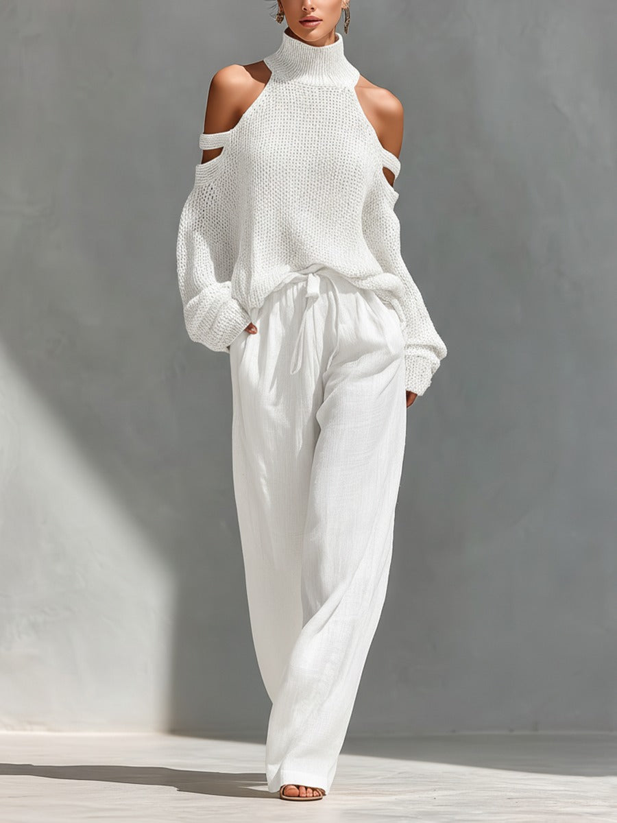 Capucine | Ensemble en Maille Beige à Épaules Dénudées et Pantalon Large