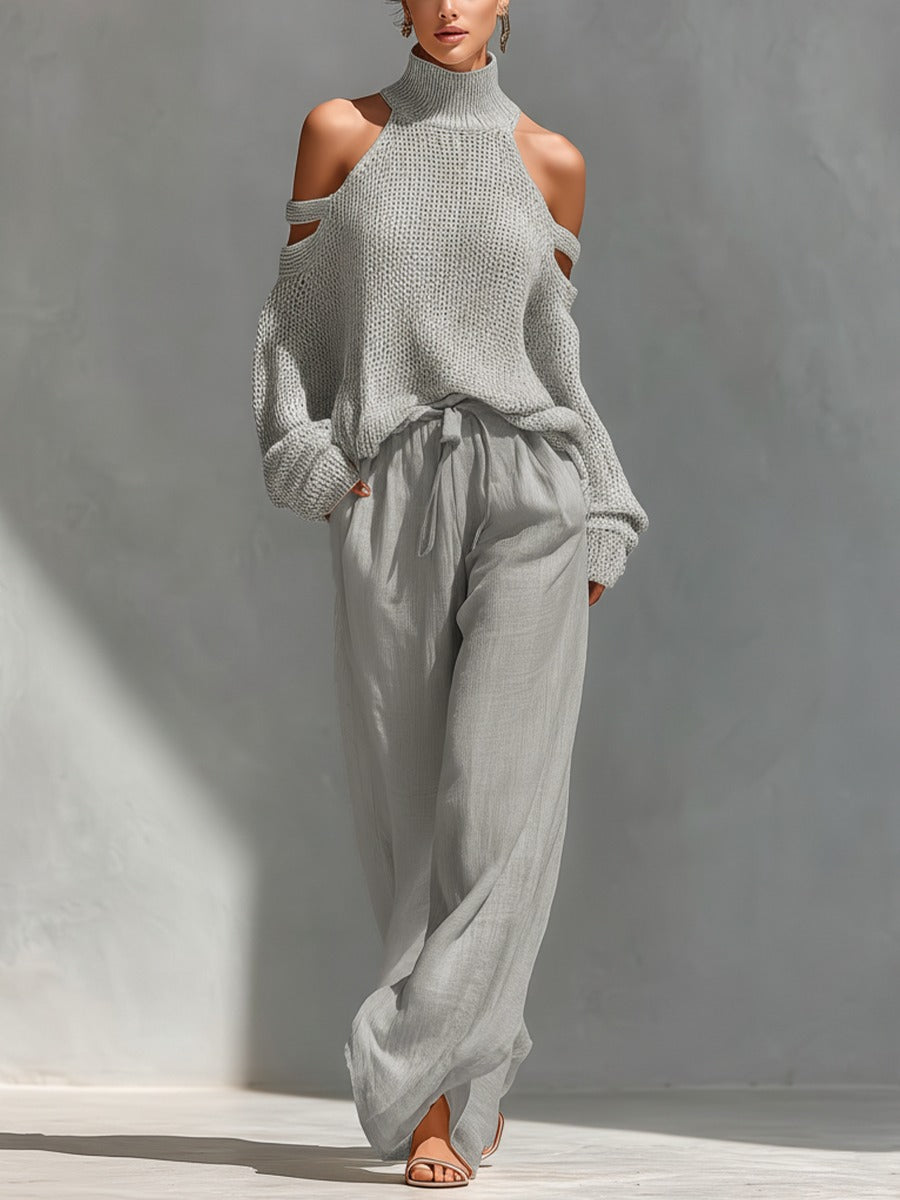 Capucine | Ensemble en Maille Beige à Épaules Dénudées et Pantalon Large