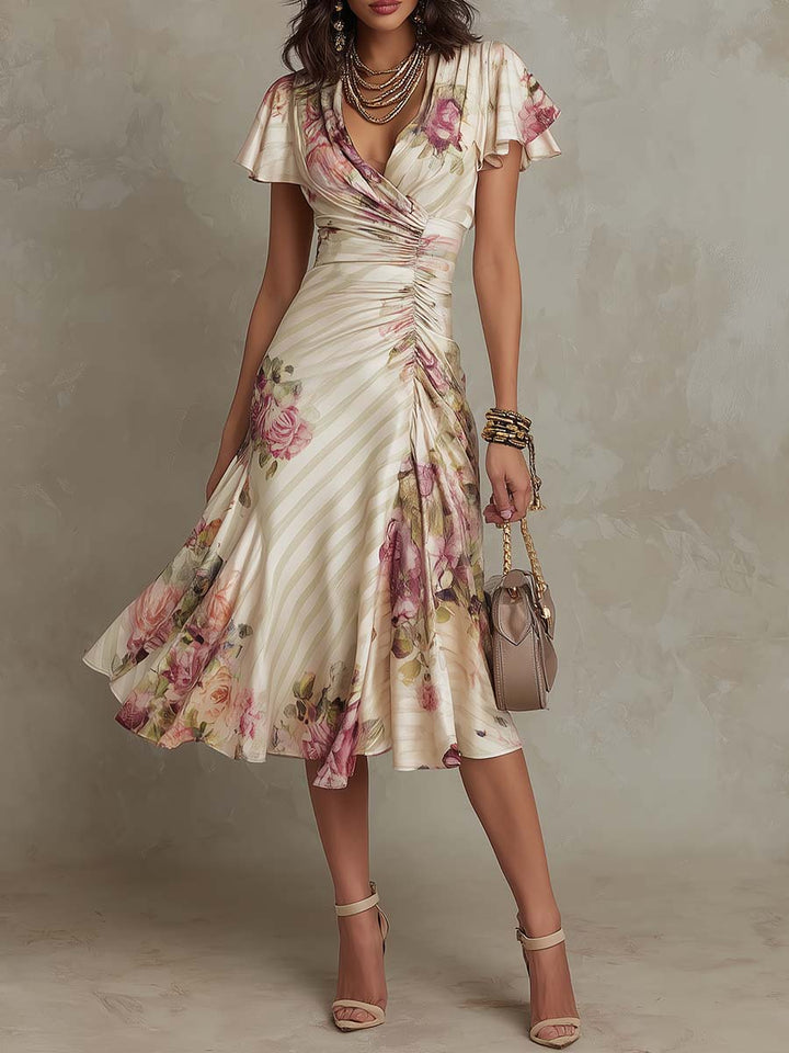 Albane | Robe Midi Portefeuille Florale à Fronces