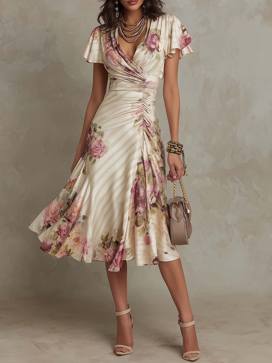Albane | Robe Midi Portefeuille Florale à Fronces