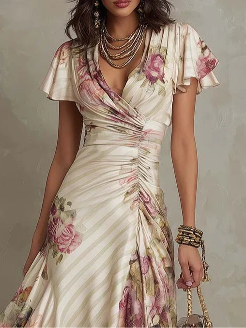 Albane | Robe Midi Portefeuille Florale à Fronces