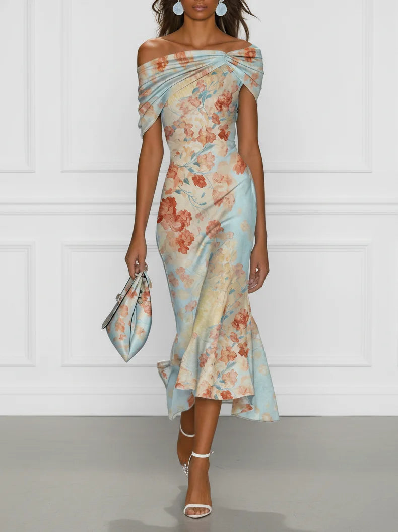 Victoire | Robe Midi Sirène Épaules Dénudées à Imprimé Floral Bleu