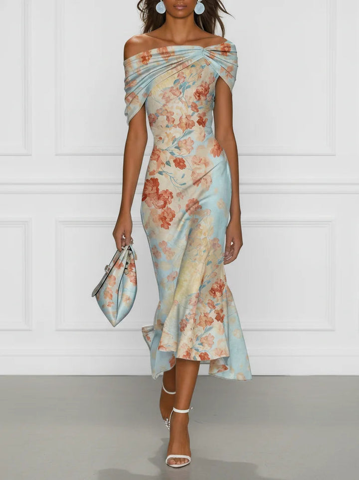 Victoire | Robe Midi Sirène Épaules Dénudées à Imprimé Floral Bleu