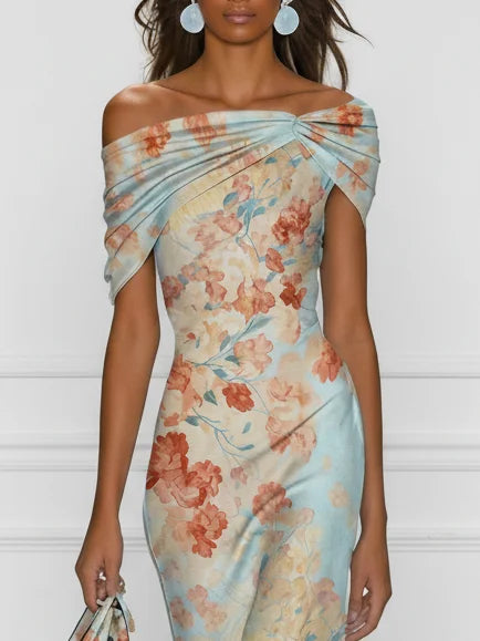 Victoire | Robe Midi Sirène Épaules Dénudées à Imprimé Floral Bleu