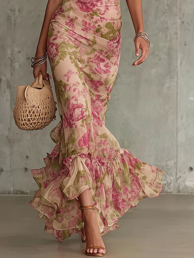 Florence | Robe Longue Romantique Roses Vintage à Manches Bouffantes