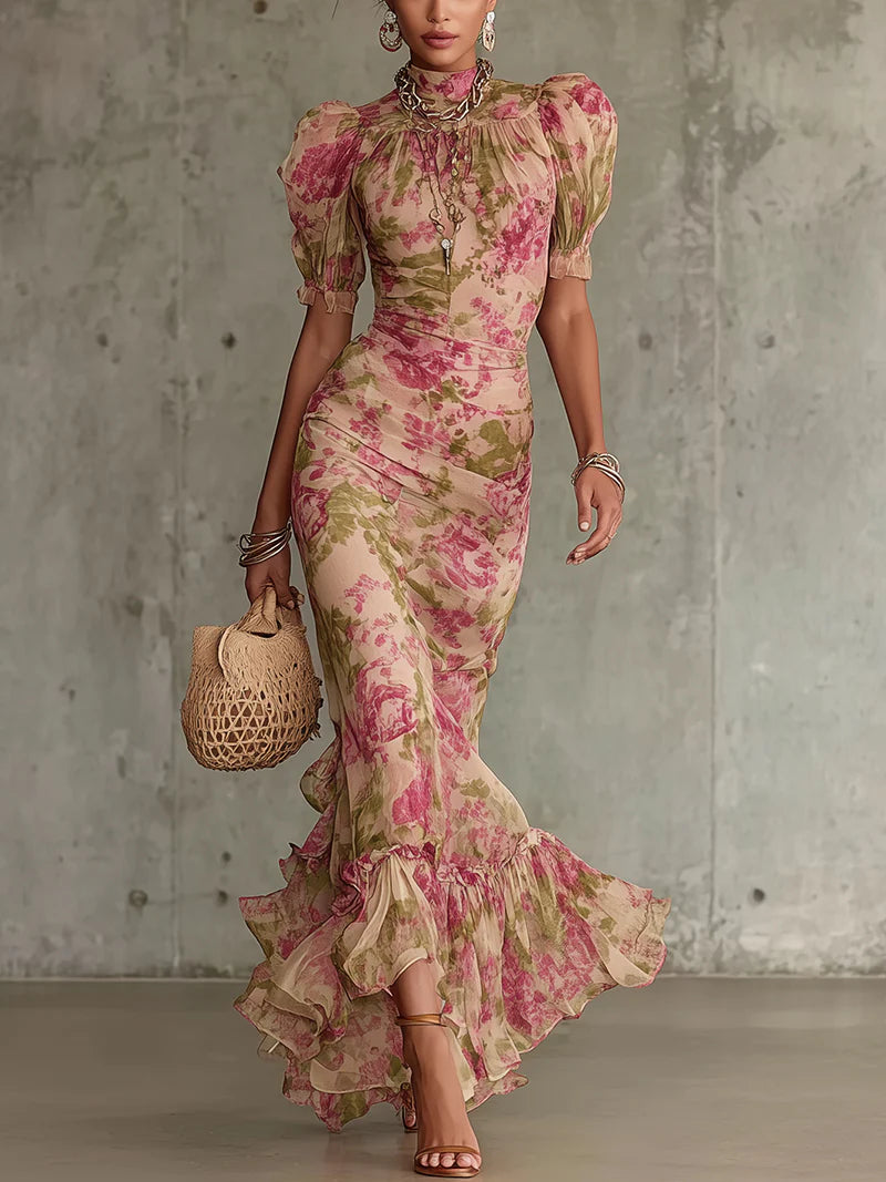 Florence | Robe Longue Romantique Roses Vintage à Manches Bouffantes