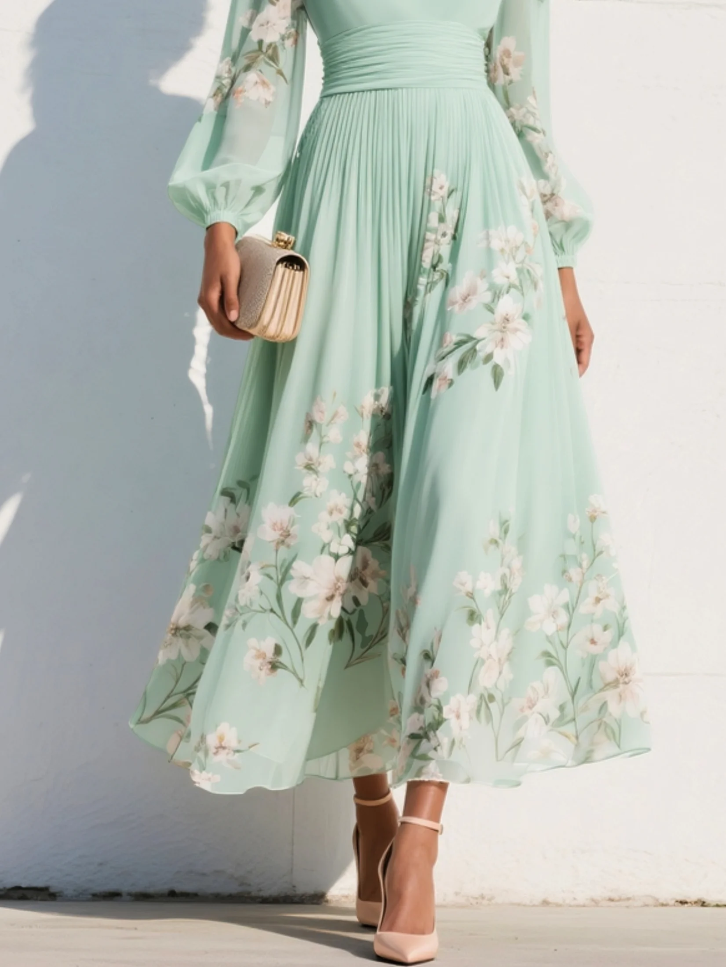 Colette | Robe Longue Plissée en Mousseline Vert Menthe à Imprimé Floral