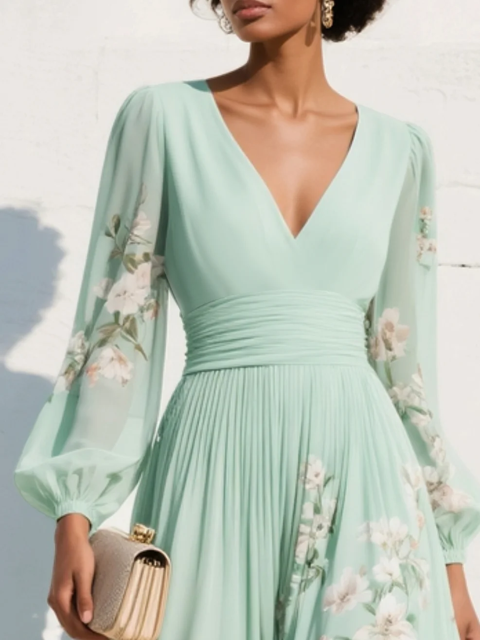 Colette | Robe Longue Plissée en Mousseline Vert Menthe à Imprimé Floral