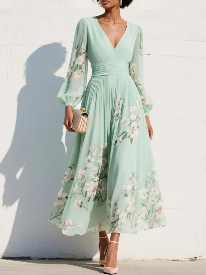 Colette | Robe Longue Plissée en Mousseline Vert Menthe à Imprimé Floral