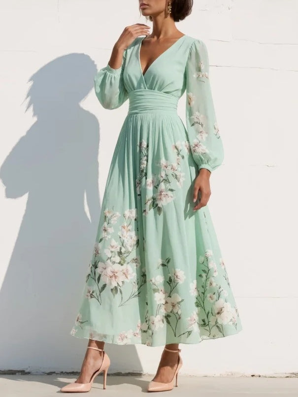 Colette | Robe Longue Plissée en Mousseline Vert Menthe à Imprimé Floral