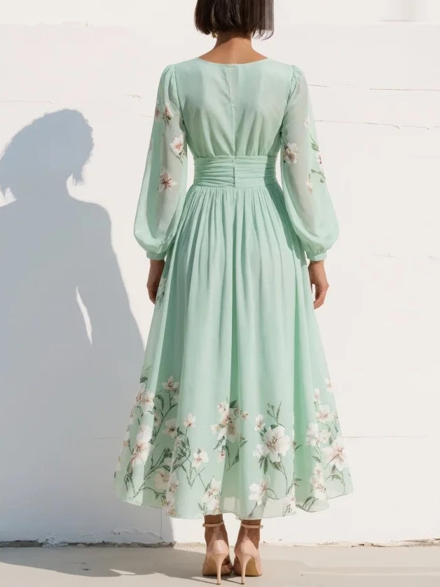 Colette | Robe Longue Plissée en Mousseline Vert Menthe à Imprimé Floral