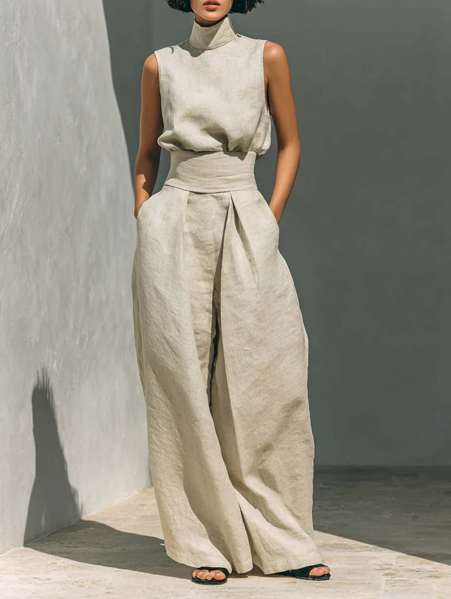 Adeline | Ensemble Beige Décontracté Blouse Sans Manches et Pantalon Large