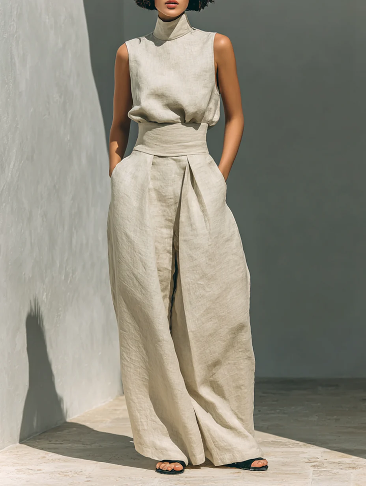 Adeline | Ensemble Beige Décontracté Blouse Sans Manches et Pantalon Large