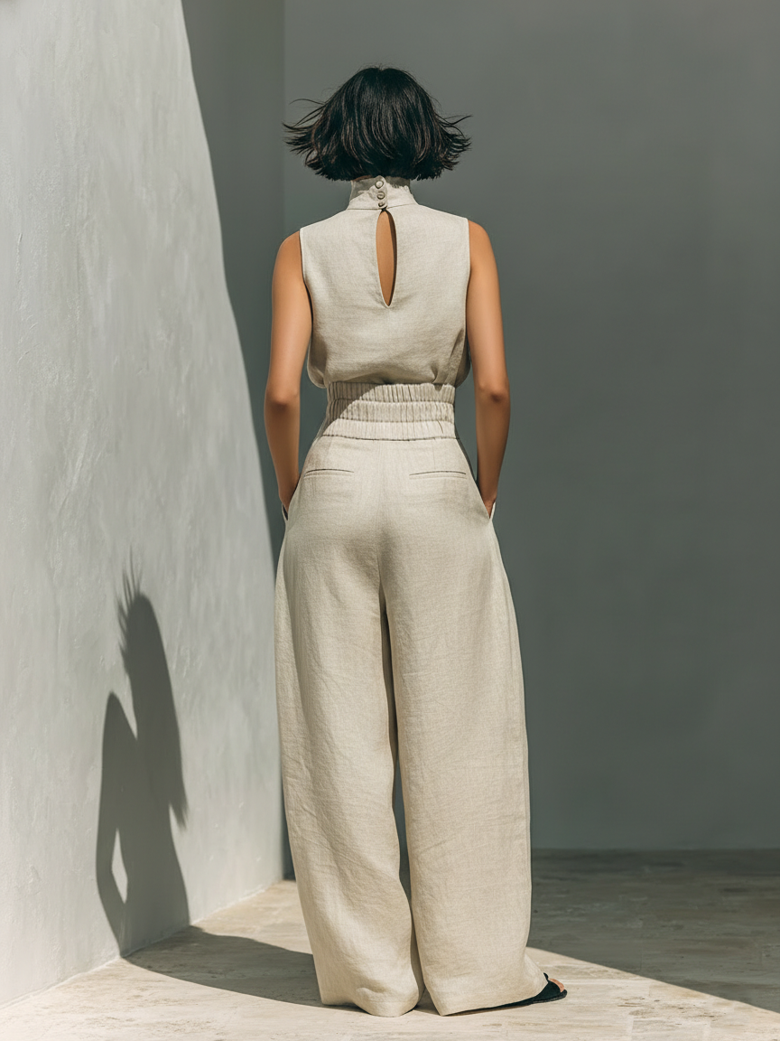 Adeline | Ensemble Beige Décontracté Blouse Sans Manches et Pantalon Large