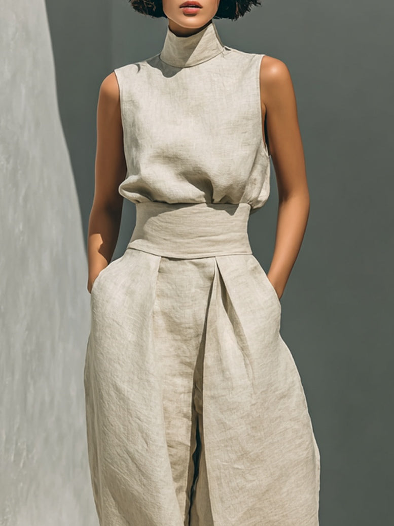 Adeline | Ensemble Beige Décontracté Blouse Sans Manches et Pantalon Large