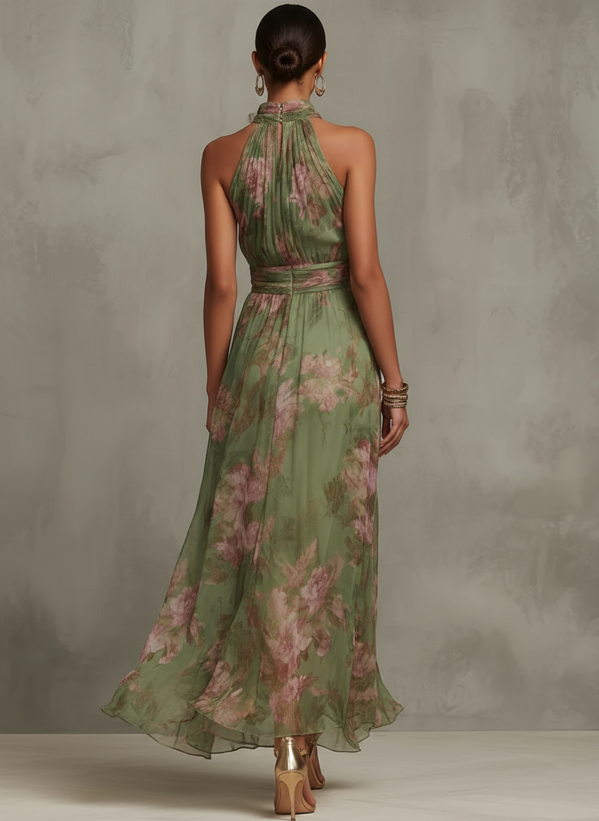 Séraphine | Robe Longue en Mousseline Florale à Col Américain
