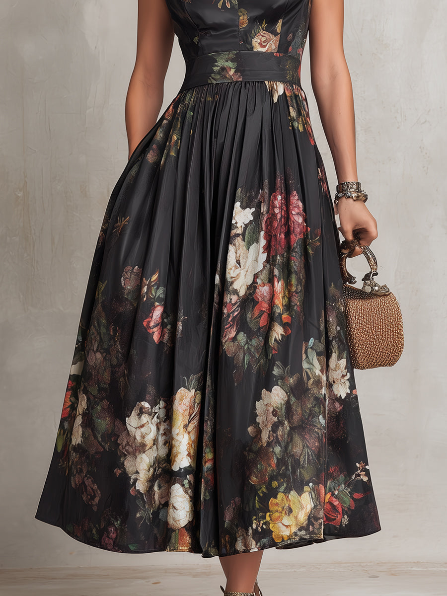 Violaine | Robe Midi Noire en Satin Plissé à Imprimé Floral