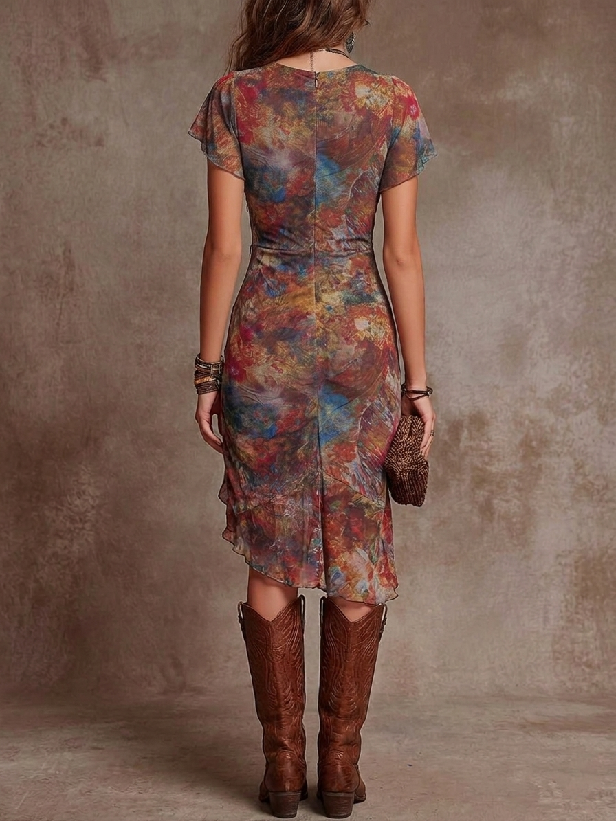 Mireille | Robe Midi Plissée à Col V et Imprimé Abstrait Bohème