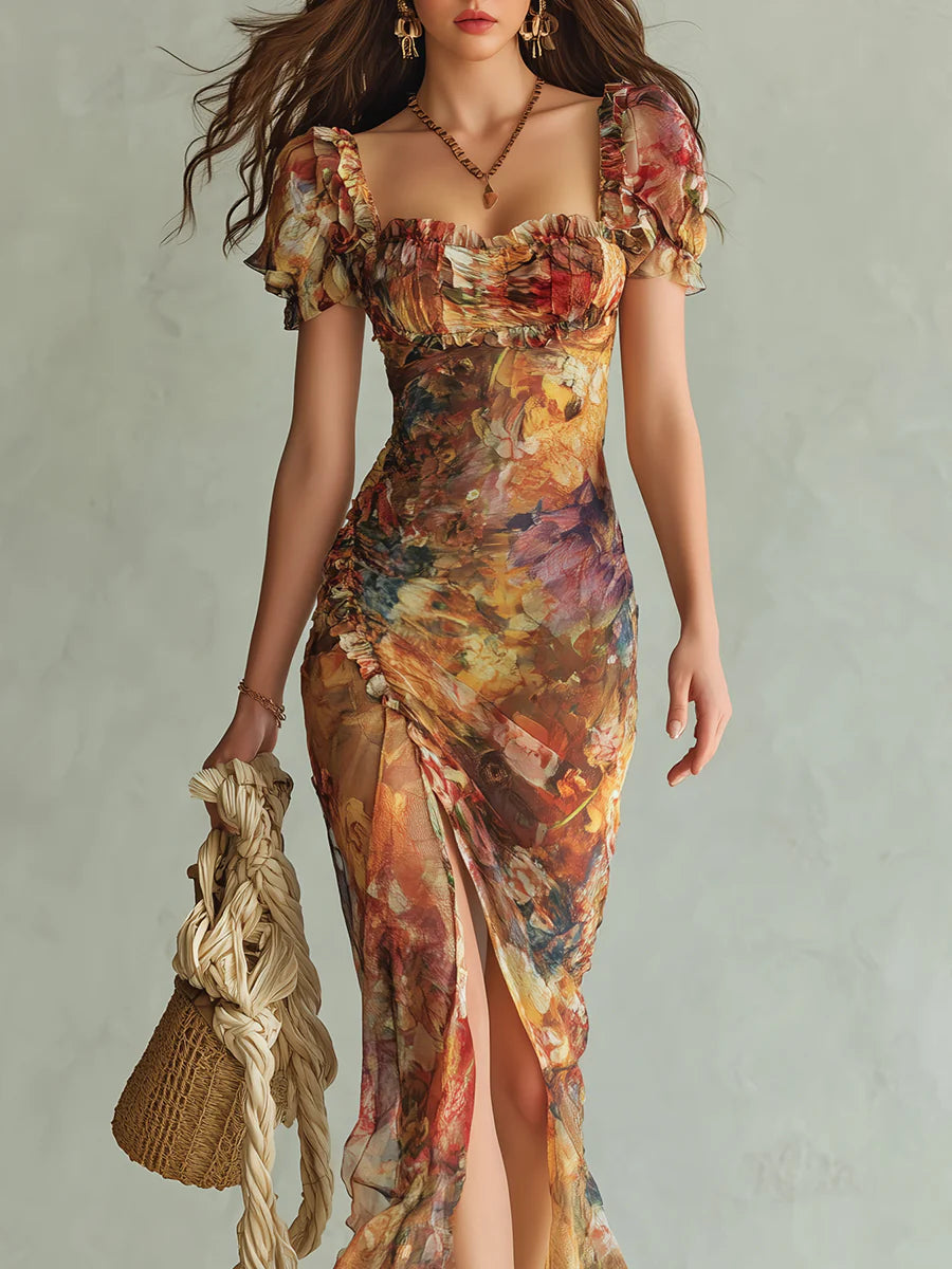 Olivia | Robe Longue en Mousseline Orange à Imprimé Peinture Bohème
