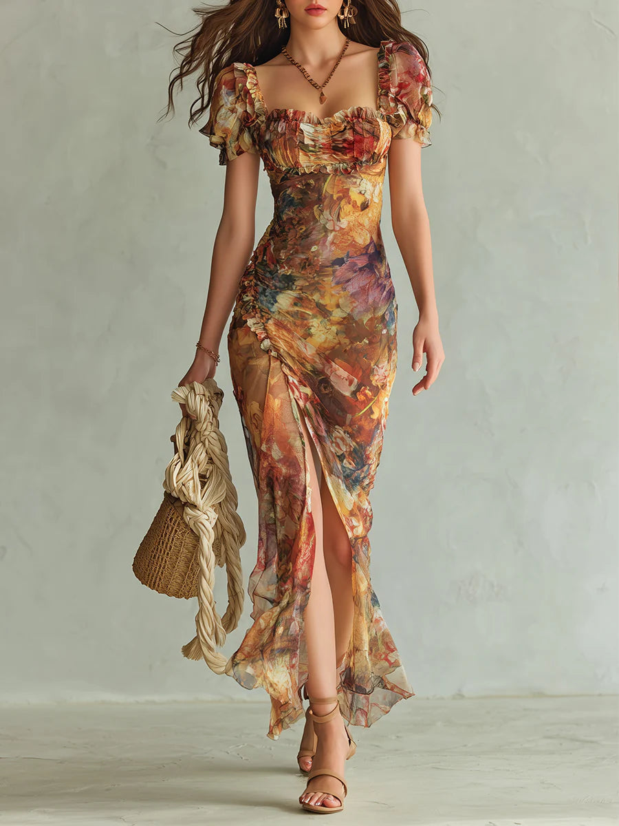Olivia | Robe Longue en Mousseline Orange à Imprimé Peinture Bohème