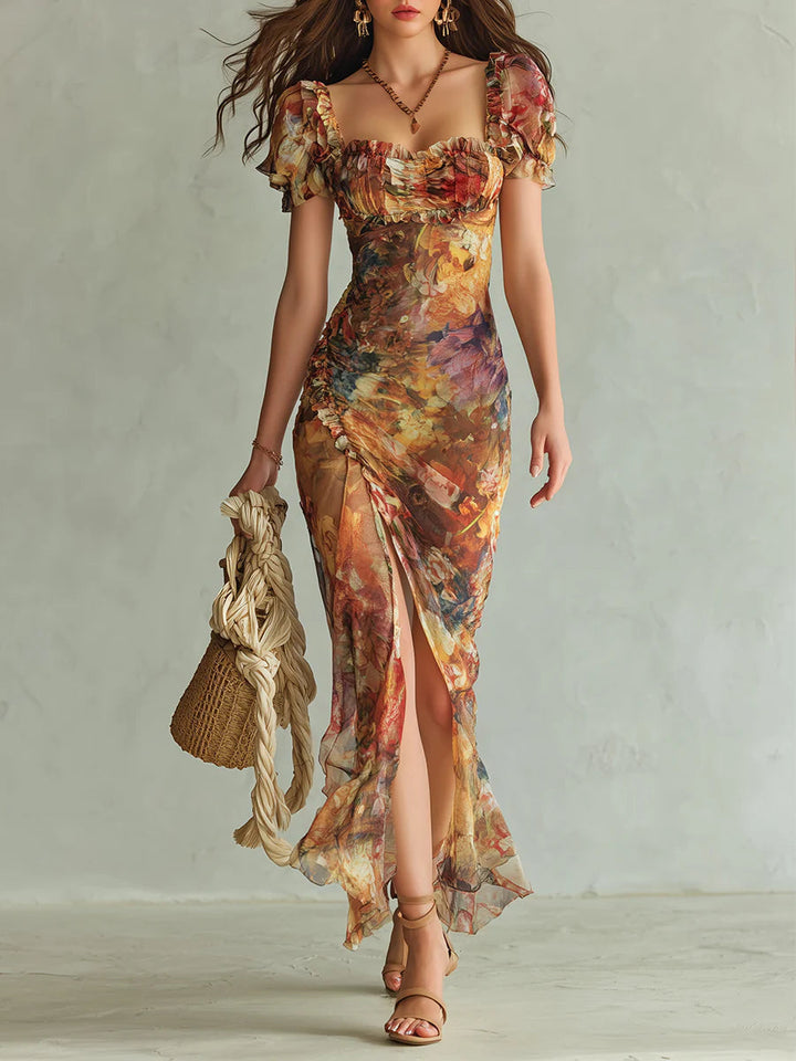 Olivia | Robe Longue en Mousseline Orange à Imprimé Peinture Bohème