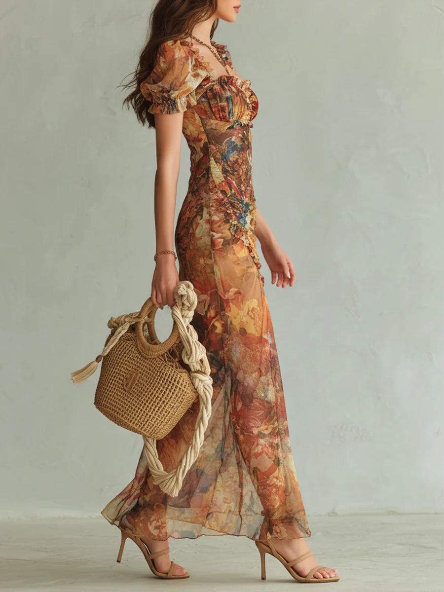 Olivia | Robe Longue en Mousseline Orange à Imprimé Peinture Bohème