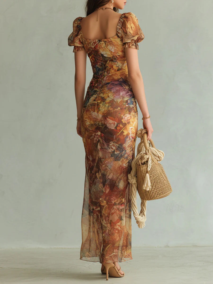 Olivia | Robe Longue en Mousseline Orange à Imprimé Peinture Bohème