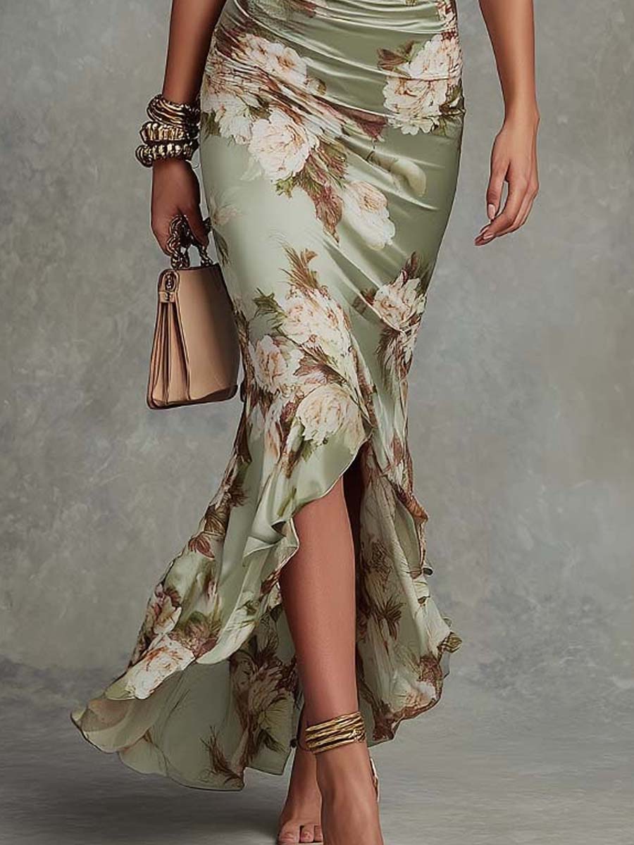 Anne | Robe Longue Asymétrique en Satin Vert à Col V et Imprimé Floral