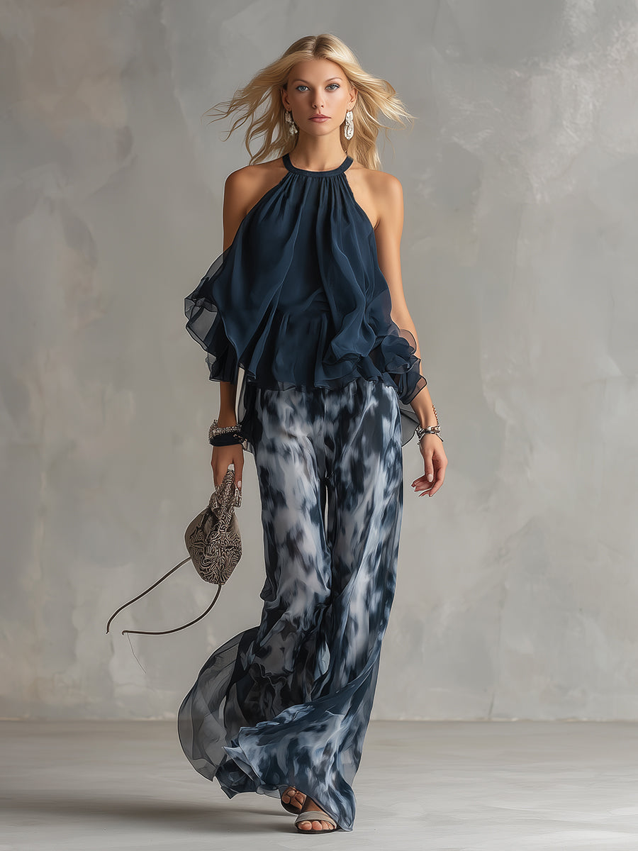 Françoise | Ensemble Haut Col Montant et Pantalon Large Imprimé
