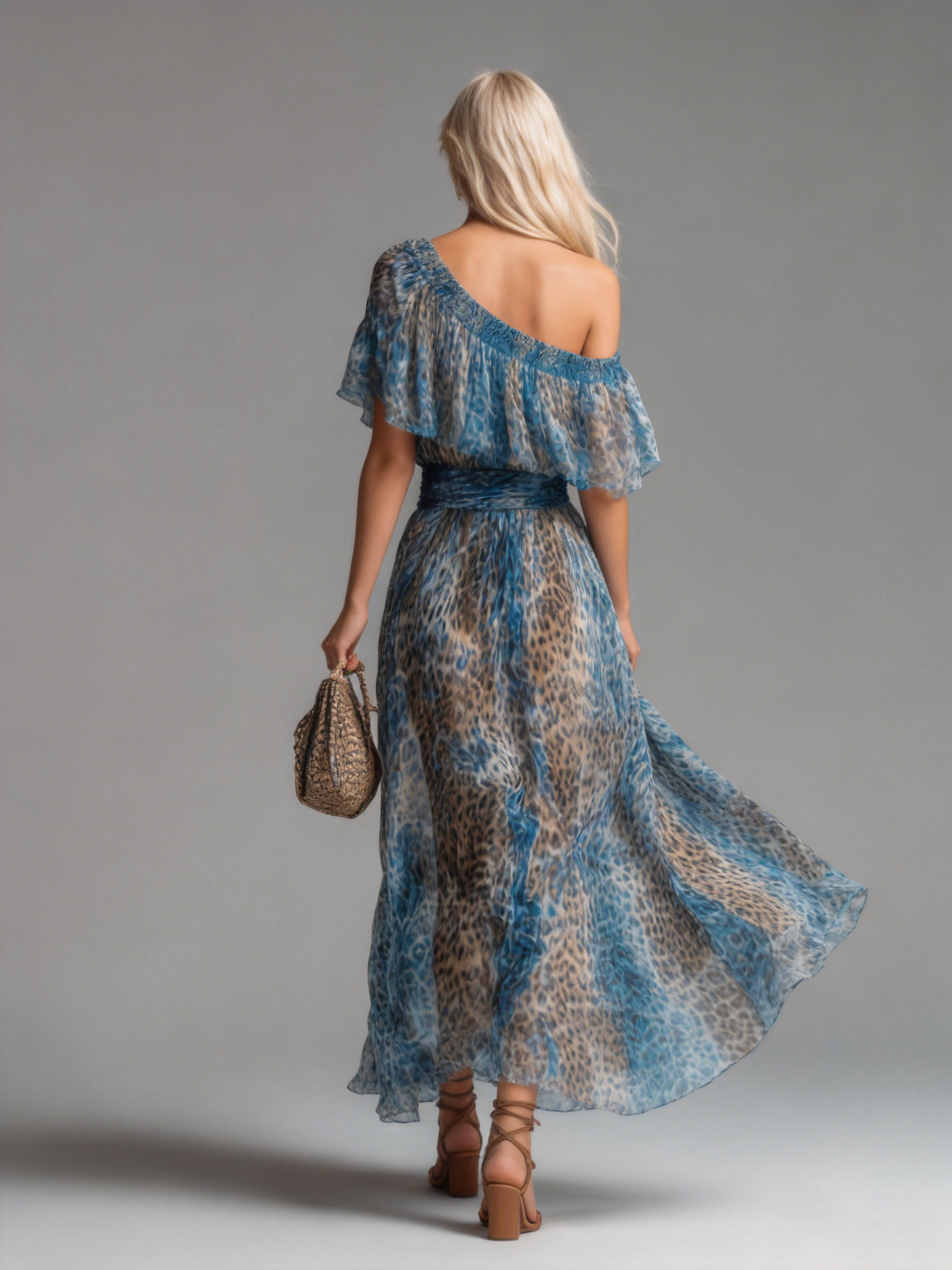 Sauvage | Robe Longue en Mousseline à Imprimé Léopard et Épaules Dénudées