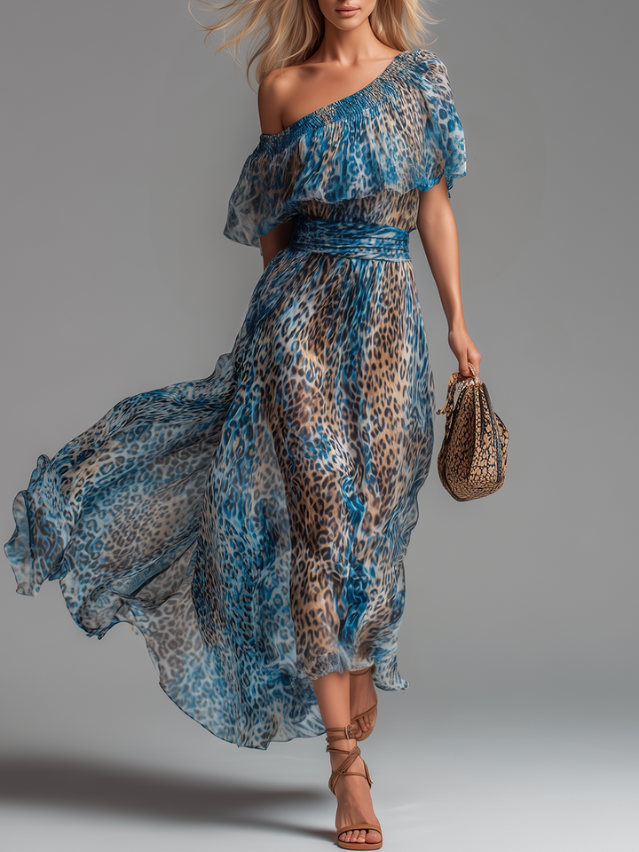 Sauvage | Robe Longue en Mousseline à Imprimé Léopard et Épaules Dénudées
