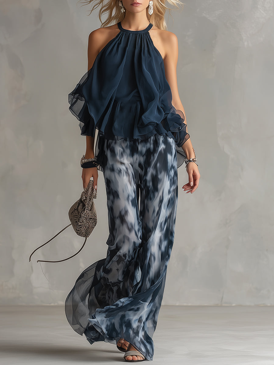 Françoise | Ensemble Haut Col Montant et Pantalon Large Imprimé
