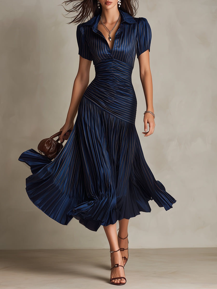 Ariane | Robe Midi en Satin à Rayures Rétro