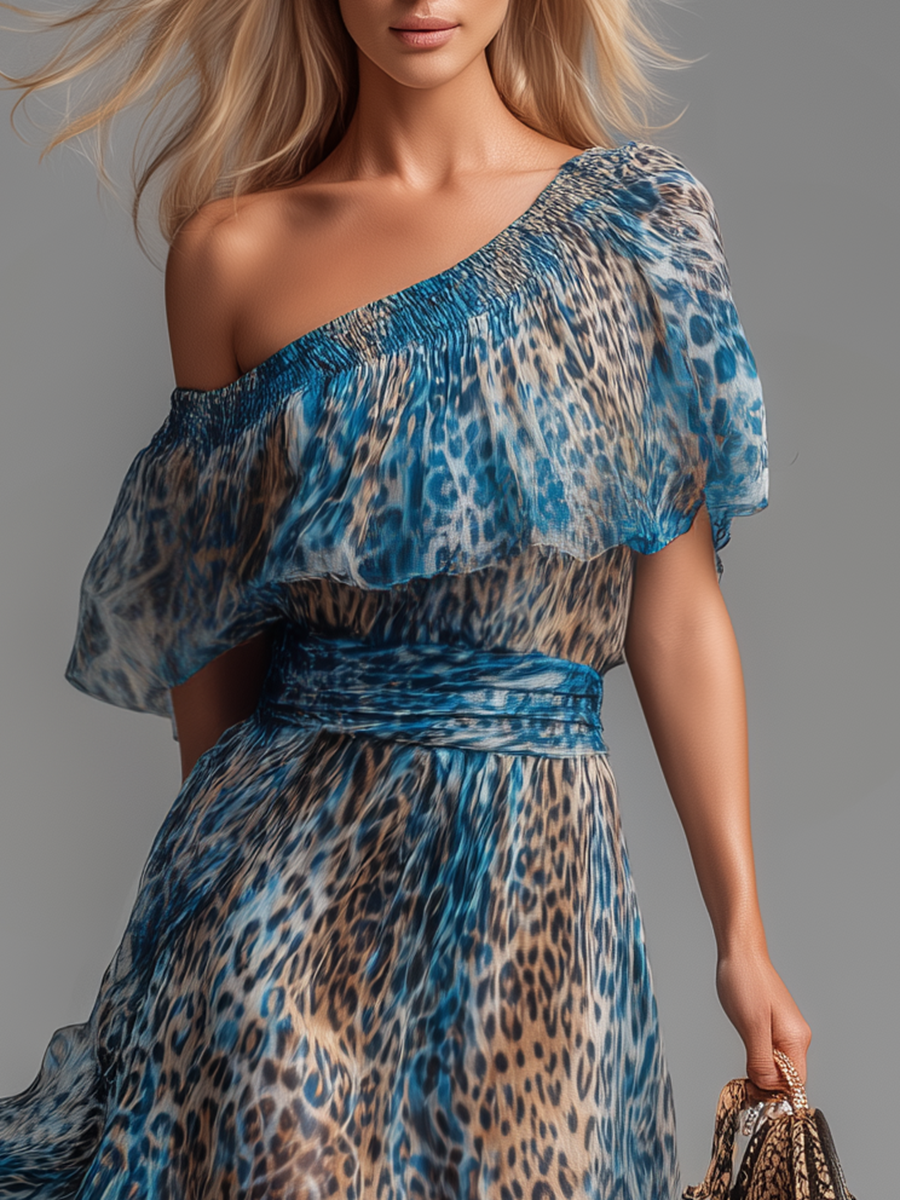 Sauvage | Robe Longue en Mousseline à Imprimé Léopard et Épaules Dénudées