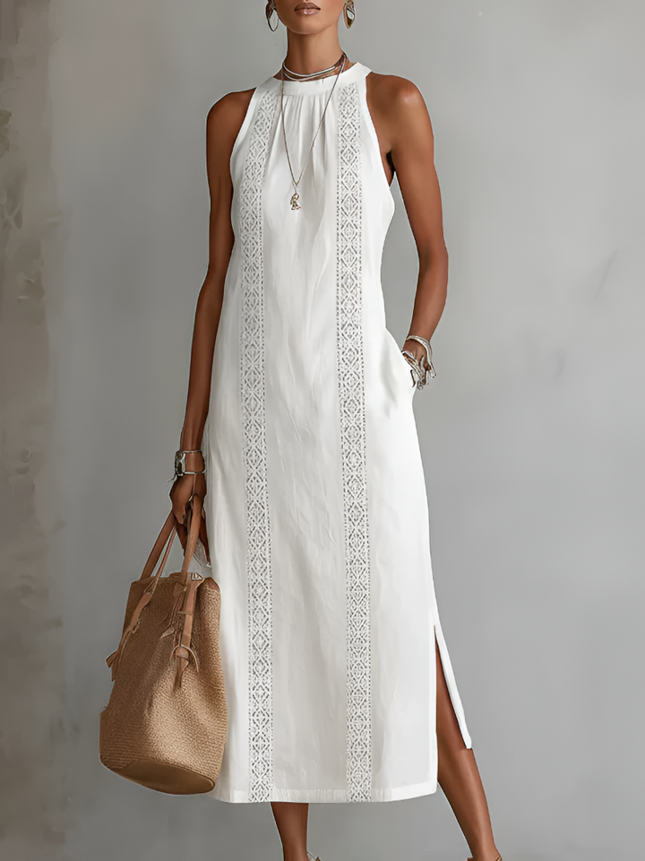 Josiane | Robe Midi Brodée à Col Mao Coupe Ample
