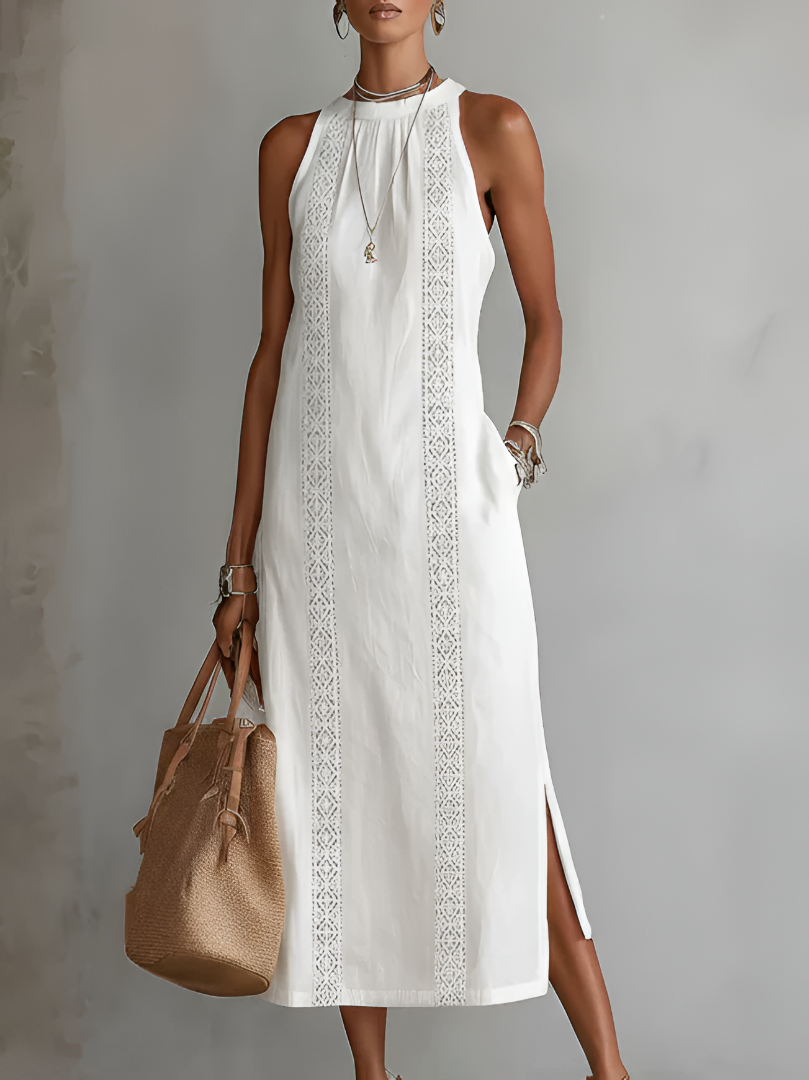 Josiane | Robe Midi Brodée à Col Mao Coupe Ample