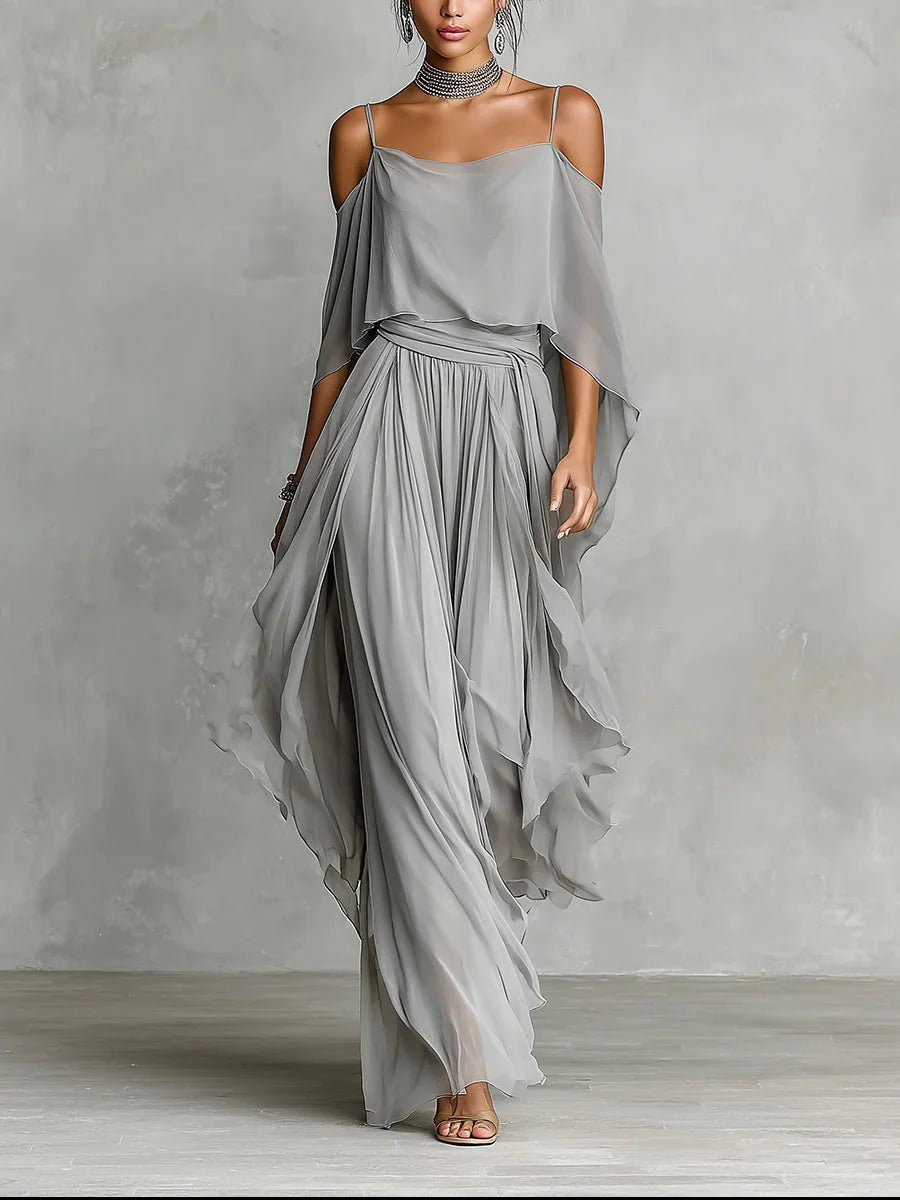 Irène | Ensemble Fluide Gris à Haut Fines Bretelles et Pantalon Léger