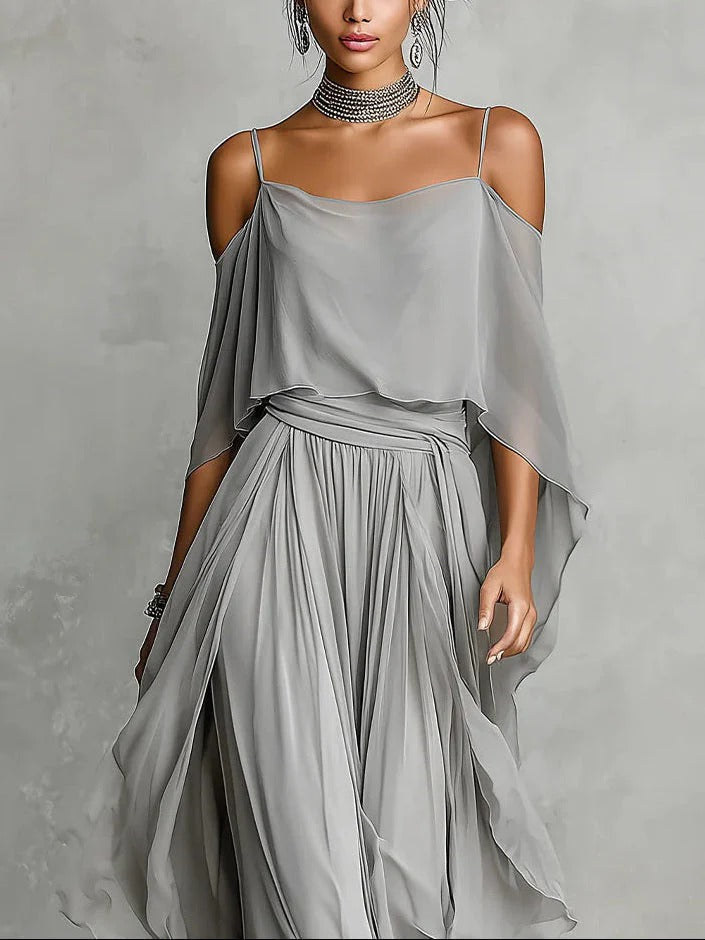 Irène | Ensemble Fluide Gris à Haut Fines Bretelles et Pantalon Léger