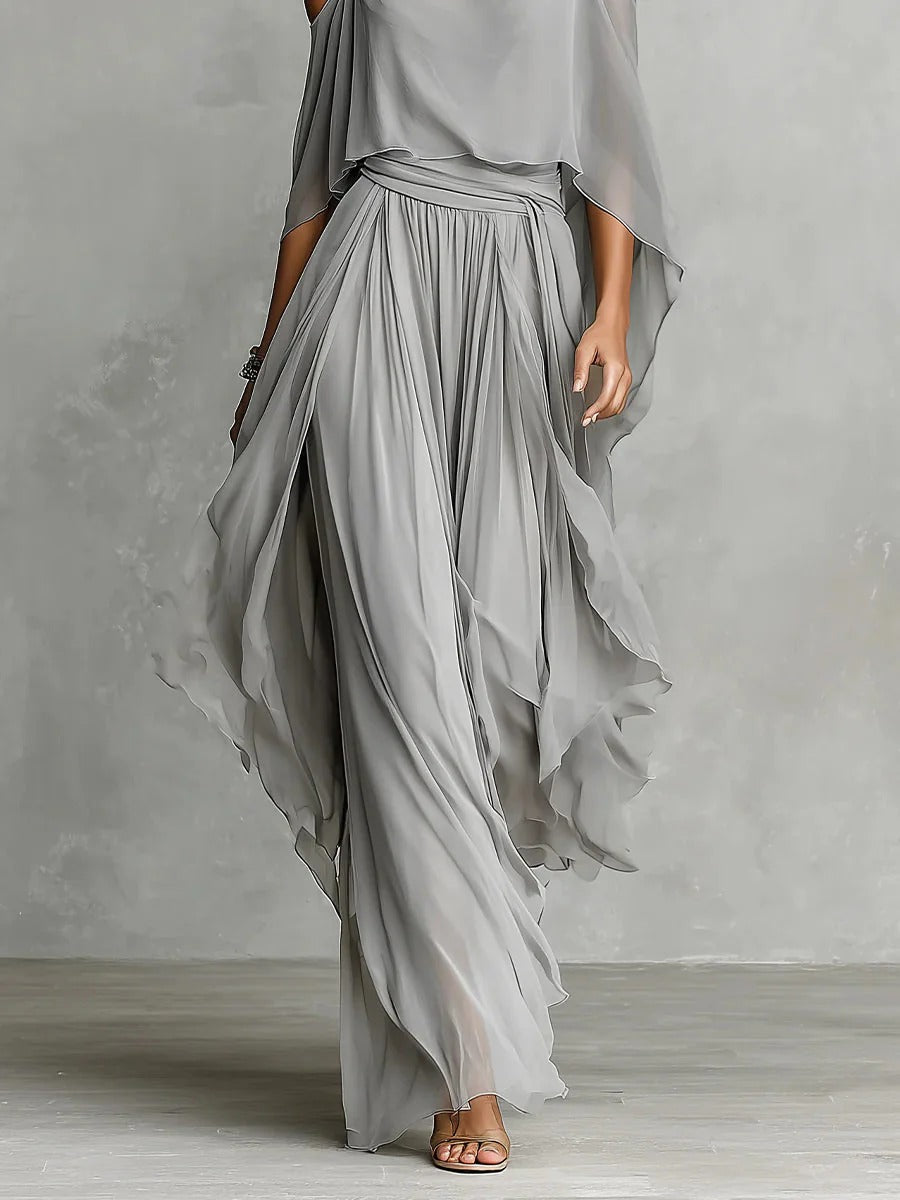Irène | Ensemble Fluide Gris à Haut Fines Bretelles et Pantalon Léger