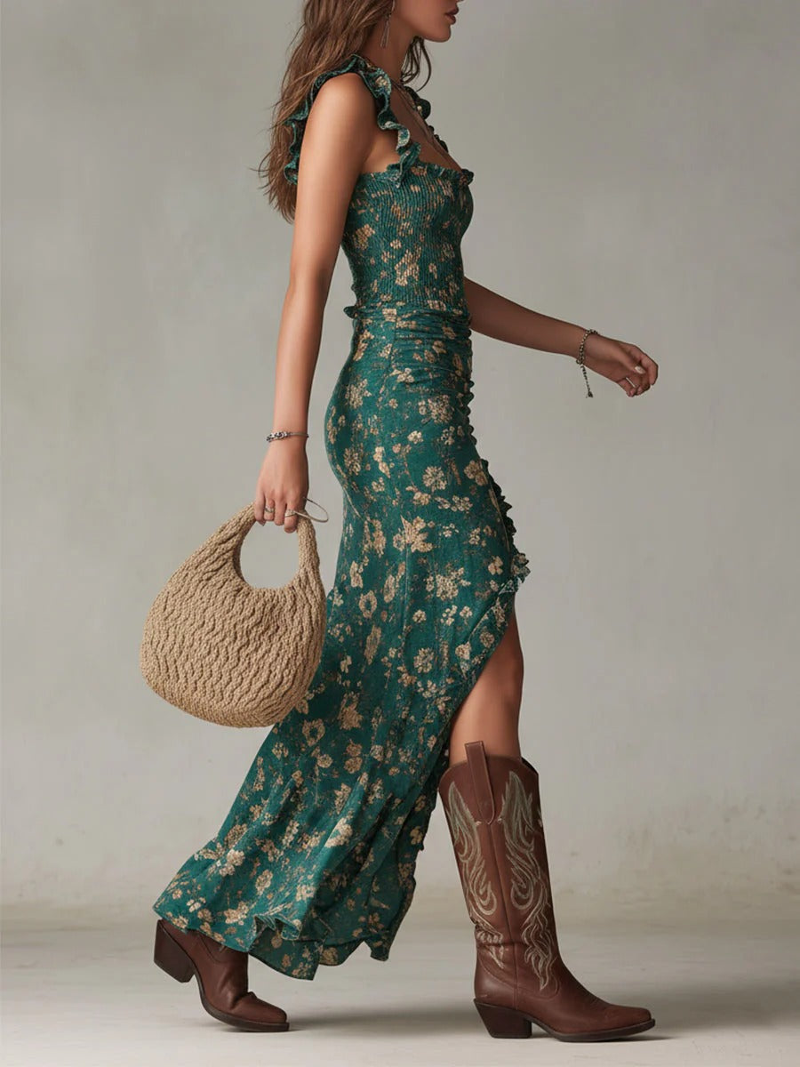 Sylviane | Robe Longue Bohème Florale à Fronces et Fente Latérale